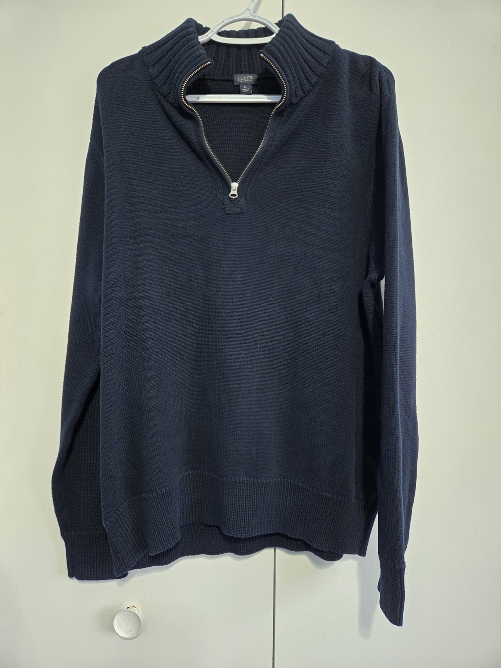 J.Crew Men’s 100% Cotton Sweater Large Navy Quarter Zip Mock Neck Pullover